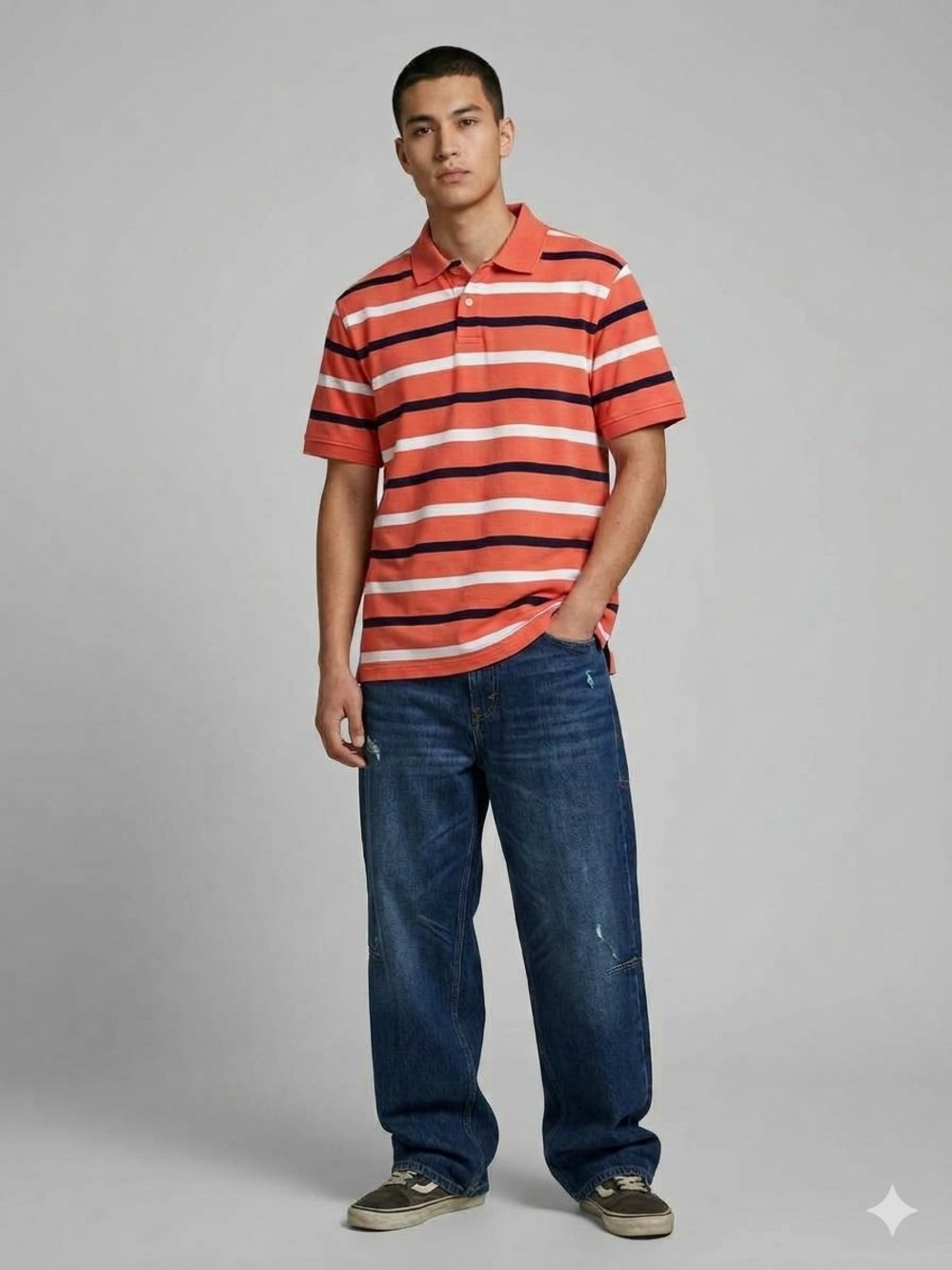 St. John's Bay Coral Striped Polo with Navy & White Bands - 2000s, Skater